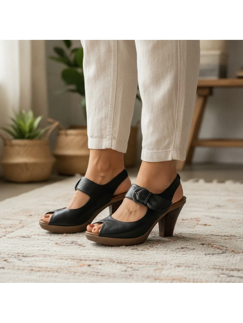 Naya Arvada Black Leather Slingback Peep-Toe Heels Sandals Size 8 M
